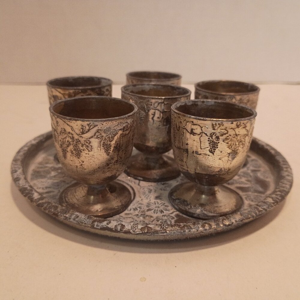 Occupied Japan Silver Plate Etched Set of Cordial/Shot Glasses w Tray